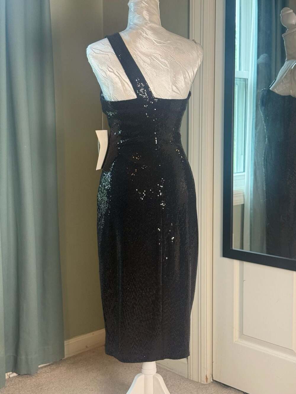 Love Nickie Lew Black One Shoulder Sequin Midi Dress Slit Cocktail Party NWT L